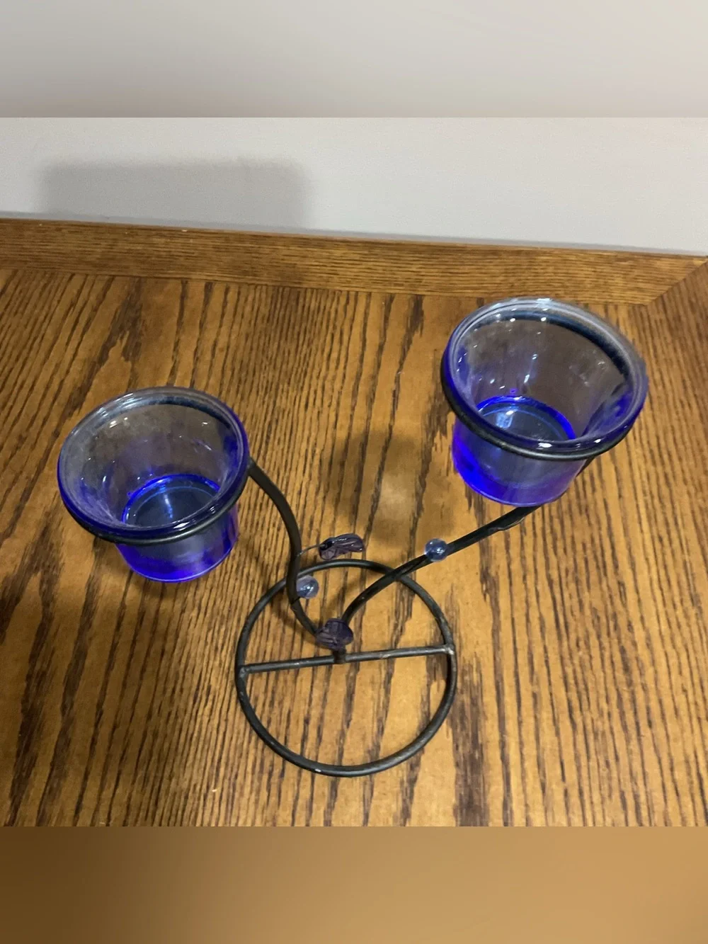 Blue Glass Tealight or Votive Holder with Decorative Metal Stand